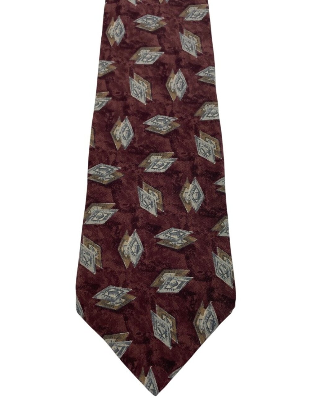 L'HOMME Burgundy & Gray Geometric Diamond 100% Italian Silk Mens Tie Necktie